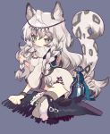  1girl animal_ears animal_print arknights bell boots braid commentary_request eyebrows_visible_through_hair fur-trimmed_boots fur_trim grey_background grey_eyes grey_hair grey_legwear high_heel_boots high_heels leopard_ears leopard_print leopard_tail long_hair looking_at_viewer peroppafu pramanix_(arknights) simple_background sitting solo tail thigh-highs turtleneck twin_braids wariza wristband 