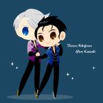  2boys :&gt; black_hair black_pants blue_eyes brown_eyes character_name collared_shirt hair_slicked_back highres holding_hands ice_skates jewelry kaorin_minogue katsuki_yuuri male_focus multiple_boys pants ring shirt silver_hair skates smile sparkle viktor_nikiforov yuri!!!_on_ice 