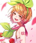 1girl absurdres bangs bare_shoulders blonde_hair blurry_foreground blush bow breasts cherry cherry_blossoms crop_top flat_chest food frilled_shirt frills from_side fruit gradient_hair green_bow hair_ornament hairclip half-closed_eyes highres inu8neko kagamine_rin leaf looking_to_the_side multicolored_hair open_mouth petals pink_collar pink_hair sailor_collar sakura_rin shirt short_hair shoulder_tattoo sideboob smile swept_bangs tattoo vocaloid white_shirt yellow_eyes 