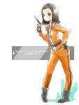  1girl black_eyes black_gloves black_hair blush character_name forehead fuji_akiko gloves gun hand_on_hip highres holding holding_gun holding_weapon jacket kowiru orange_jacket orange_pants short_hair smile solo ultra_series ultraman_(1st_series) weapon white_background 