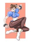  1girl bracelet brown_eyes brown_hair brown_legwear chinese_clothes chun-li double_bun fighting_stance full_body jewelry kyuuakaku pantyhose puffy_short_sleeves puffy_sleeves shoes short_sleeves solo spiked_bracelet spikes street_fighter street_fighter_ii_(series) white_footwear 