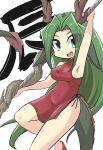  1girl :d absurdres armpits background_text bangs bare_arms bare_shoulders blush_stickers breasts commentary_request covered_navel dragon_girl dragon_horns dragon_tail dress eyes_visible_through_hair fang goma_(gomasamune) green_eyes green_hair high_heels highres holding holding_weapon horns large_breasts looking_at_viewer open_mouth original parted_bangs pelvic_curtain red_dress red_footwear shoes sleeveless sleeveless_dress smile solo tail translation_request weapon white_background 