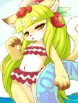  1girl animal_ears animal_nose bikini bikini_skirt blush cat cat_ears cat_girl cat_tail collarbone commentary_request cowboy_shot eating food frilled_bikini frills fullbokko_heroes furry green_hair highres holding holding_innertube ice_cream innertube kushinada_(fullbokko_heroes) long_hair navel ocean slit_pupils solo sweat swimsuit tail takeshi-kemo tongue tongue_out two-tone_fur white_fur yellow_fur 