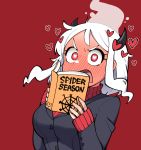  1girl blush book demon_girl demon_horns english_text full-face_blush heart heart-shaped_pupils helltaker highres holding holding_book horns junsuina_fujunbutsu long_sleeves looking_at_viewer modeus_(helltaker) open_book open_mouth red_background red_eyes simple_background solo symbol-shaped_pupils turtleneck upper_body white_hair 