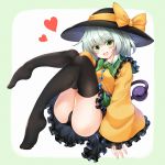  1girl :d ass black_legwear black_panties blouse blush bow closed_eyes frilled_blouse frilled_skirt frilled_sleeves frills full_body green_eyes green_hair green_skirt happy hat hat_bow heart highres knees_together_feet_apart knees_up komeiji_koishi leg_up legs long_hair long_sleeves looking_at_viewer m9kndi medium_hair no_shoes open_mouth panties skindentation skirt smile solo thigh-highs thighs third_eye touhou underwear upskirt wide_sleeves yellow_blouse yellow_bow 