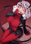  1girl black_skirt black_suit blush breasts cluseller commentary_request demon_girl demon_horns demon_tail eyebrows_visible_through_hair fangs fingernails from_above heart heart-shaped_pupils helltaker highres horns long_hair long_sleeves long_tail looking_at_viewer modeus_(helltaker) red_eyes red_nails red_shirt ribbed_shirt sharp_fingernails shirt sitting skirt sleeves_past_wrists solo symbol-shaped_pupils tail turtleneck white_hair 