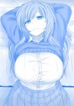  1girl arms_behind_head arms_up bed blue_theme blush breasts closed_mouth clothes_lift collared_shirt hair_between_eyes huge_breasts large_breasts long_hair looking_at_viewer monochrome nao_(ritsancrossover) original shirt shirt_tucked_in sitting skirt solo_focus sweater sweater_lift upper_body white_shirt 