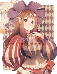  1girl argyle argyle_background bangs blush borrowed_character bow brown_eyes brown_hair brown_shirt closed_mouth commission feathers hair_bow hand_on_hip hand_up hat hat_feather highres long_hair long_sleeves mismatched_sleeves numbers_(boars) original pointy_ears puff_and_slash_sleeves puffy_long_sleeves puffy_sleeves purple_bow purple_headwear red_bow shirt sidelocks smile solo thick_eyebrows v-shaped_eyebrows very_long_hair watermark web_address white_feathers 