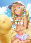  1girl absurdres bangs beach bead_bracelet bead_necklace beads bikini blonde_hair blue_eyes bracelet chiyosuke_(nosuke21) dark_skin day dirty food frilled_bikini frills front-tie_bikini front-tie_top hair_ornament hair_scrunchie highres ice_cream ice_cream_cone idolmaster idolmaster_cinderella_girls idolmaster_cinderella_girls_starlight_stage jewelry layla_(idolmaster) long_hair looking_at_viewer navel necklace ocean open_mouth outdoors sand sand_sculpture sandals scrunchie sitting smile solo swept_bangs swimsuit twintails visor_cap wariza 