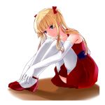  1girl bangs blonde_hair blue_bow blue_eyes bow closed_mouth collarbone dress elbow_gloves full_body gloves hair_bow highres long_hair mizuki_(mizuki_ame) pumps red_bow red_dress red_footwear saenai_heroine_no_sodatekata sawamura_spencer_eriri short_dress simple_background sitting sleeveless sleeveless_dress solo thigh-highs twintails very_long_hair white_background white_gloves white_legwear 