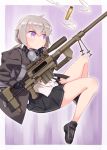  1girl bangs bipod black_footwear black_gloves black_jacket black_skirt blush bolt_action cheytac_m200 closed_mouth commentary_request dress_shirt ear_protection eyebrows_visible_through_hair girls_frontline gloves grey_hair gun hair_between_eyes haradaiko_(arata_himeko) highres holding holding_gun holding_weapon hood hood_down hooded_jacket jacket long_hair long_sleeves looking_away low_twintails m200_(girls_frontline) object_namesake open_clothes open_jacket pleated_skirt rifle shell_casing shirt shoes skirt sniper_rifle sniper_scope socks solo twintails v-shaped_eyebrows violet_eyes weapon white_shirt 