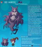  1boy artist_name breasts character_name character_profile dark-skinned_female dark_skin english_commentary english_text ghost_tail hat_feather haunter highres kinkymation large_breasts long_hair monster_girl navel non-web_source nude parted_lips personification poke_ball poke_ball_(basic) pokemon purple_hair very_long_hair 