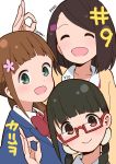  3girls :d absurdres black_hair blazer blue_jacket blush bow braid brown_eyes brown_hair character_name closed_eyes commentary_request episode_number flower futago_nosaki glasses green_eyes hair_flower hair_ornament hairclip highres hitoribocchi_no_marumaru_seikatsu jacket katsuwo_(cr66g) kurie_ito light_brown_hair long_hair looking_at_viewer multiple_girls number ok_sign onaka_peko open_mouth red-framed_eyewear red_bow school_uniform simple_background smile sweater twin_braids white_background 