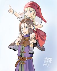  1boy 1girl bangs blonde_hair blue_background blue_eyes blunt_bangs braid brown_hair carrying dragon_quest dragon_quest_xi dress hat hero_(dq11) kyuuakaku one_eye_closed open_mouth pointing puffy_short_sleeves puffy_sleeves red_dress red_headwear short_sleeves shoulder_carry signature smile twin_braids veronica_(dq11) 