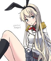  1girl black_legwear black_skirt blonde_hair buttons cosplay epaulettes feet_out_of_frame grey_eyes grey_skirt jacket kantai_collection kashima_(kantai_collection) kashima_(kantai_collection)_(cosplay) kneehighs long_hair long_sleeves military military_jacket military_uniform neckerchief pleated_skirt red_neckwear shimakaze_(kantai_collection) simple_background sitting skirt solo u0709 uniform white_background white_jacket 