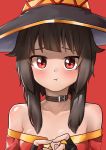  1girl absurdres bare_shoulders black_gloves blush brown_hair choker dress fingerless_gloves fingers_together gloves hat highres kono_subarashii_sekai_ni_shukufuku_wo! looking_at_viewer megumin off-shoulder_dress off_shoulder pout red_background red_dress red_eyes short_hair_with_long_locks simple_background solo upper_body witch_hat wweed 