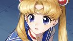  1girl bishoujo_senshi_sailor_moon blonde_hair blue_eyes choker crescent crescent_earrings derivative_work diadem double_bun earrings eyebrows_visible_through_hair heart heart_choker jewelry jinial long_hair parted_lips red_choker sailor_moon sailor_moon_redraw_challenge sailor_senshi sailor_senshi_uniform screencap_redraw solo sweatdrop tsukino_usagi twintails twitter_username upper_body 