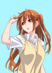  1girl brown_eyes brown_hair chuunibyou_demo_koi_ga_shitai! commentary commentary_request hair_ornament hairclip highres nibutani_shinka open_mouth school_uniform side_ponytail simple_background solo suzutsuki_kurara sweater_vest 