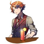  1boy ahoge brown_vest cup drink grey_shirt heterochromia holostars looking_at_viewer male_focus mole mole_under_eye open_mouth orange_eyes orange_hair red_neckwear shadow shiny shiny_hair shirt short_hair solo table upper_body vest violet_eyes virtual_youtuber yaeyama_reishi yukoku_roberu 