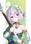  1girl antenna_hair bangs bare_shoulders closed_mouth collarbone detached_sleeves dress eyebrows_visible_through_hair flower green_background green_sleeves hair_between_eyes hair_flower hair_ornament head_tilt highres holding holding_spear holding_weapon kokkoro_(princess_connect!) kuki_panda_(wkdwnsgk13) long_sleeves pointy_ears polearm princess_connect! princess_connect!_re:dive puffy_long_sleeves puffy_sleeves see-through see-through_sleeves silver_hair sleeveless sleeveless_dress smile solo spear two-tone_background upper_body violet_eyes weapon white_background white_dress white_flower 