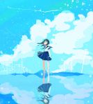  1girl abstract black_hair blue_eyes bottle building clouds cloudy_sky commentary_request copyright_request feet_out_of_frame highres ibaraki_natou outdoors power_lines reflection ripples school_uniform sky solo twintails uniform water_bottle wind 