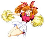  1990s_(style) 1girl asuka_120_percent full_body long_hair open_mouth orange_eyes orange_hair pleated_skirt pom_poms puffy_sleeves shoes short_sleeves simple_background skirt sneakers solo suzuki_megumi twintails white_background white_footwear white_skirt 