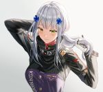  1girl blush closed_mouth facial_mark girls_frontline gloves green_eyes grey_background hair_ornament hk416_(girls_frontline) jacket long_hair long_sleeves looking_at_viewer purple_jacket sidelocks silence_girl silver_hair smile solo teardrop upper_body white_gloves 