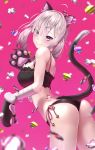  1girl absurdres ahoge animal_ears arched_back ass bandaged_arm bandages bare_shoulders bell black_bra black_panties blurry bra breasts cat_ears cat_girl cat_lingerie cat_tail cowboy_shot depth_of_field frilled_bra frills gloves hair_ornament heart highres kemonomimi_mode long_hair looking_at_viewer looking_to_the_side medium_breasts meme_attire mole mole_under_eye momonoko_noko nijisanji panties paw_gloves paws pink_background side-tie_panties silver_hair smile solo sukoya_kana tail tail_raised thighs twintails underwear underwear_only violet_eyes virtual_youtuber x_hair_ornament 