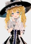  1girl black_headwear blonde_hair blue_eyes blush bow breasts eyebrows_visible_through_hair hair_ornament hat hat_bow looking_at_viewer original parted_lips puffy_short_sleeves puffy_sleeves satoupote short_sleeves small_breasts solo star star_hair_ornament sweatdrop twintails white_bow witch_hat 