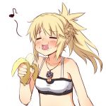  1girl aho_girl banana blonde_hair braid closed_eyes commentary crop_top eating fate/apocrypha fate_(series) food french_braid fruit hanabatake_yoshiko hondarai jewelry mordred_(fate) mordred_(fate)_(all) musical_note necklace parody ponytail solo upper_body white_background 