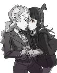  2girls closed_eyes couple diana_cavendish frown happy highres kagari_atsuko little_witch_academia long_hair looking_at_another macartura08 monochrome multiple_girls red_eyes school_uniform simple_background skirt smile uniform wavy_hair white_background yuri 