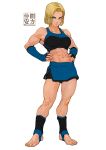  1girl abs android_18 bike_shorts blonde_hair blue_eyes commentary commission dragon_ball dragon_ball_z english_commentary forehead full_body hand_wraps hands_on_hips midriff mixed_martial_arts muscle muscular_female nakama_yasukata short_hair shorts shorts_under_skirt signature solo sports_bra stamp stirrup_footwear toes 