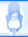  1girl arm_at_side arms_at_sides bed blue_theme breasts full_body hands_on_lap hands_together huge_breasts jacket knees_together large_breasts long_sleeves looking_to_the_side medium_hair monochrome nao_(ritsancrossover) on_bed one_eye_covered open_clothes open_jacket original shirt short_hair sitting sitting_on_bed smile solo_focus white_shirt 