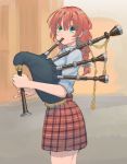  1girl bagpipes braid commentary_request emma_verde freckles hair_ribbon highres instrument irenji long_hair love_live! love_live!_school_idol_festival_all_stars music plaid plaid_skirt playing_instrument redhead ribbon skirt solo twin_braids 