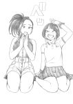  2girls absurdres alternate_costume arm_up bare_arms belt belt_buckle blush boku_no_hero_academia breasts buckle buttons commentary_request greyscale hands_together highres horikoshi_kouhei jirou_kyouka looking_at_another looking_at_viewer monochrome multiple_girls official_art open_mouth own_hands_together pleated_skirt ponytail seiza shirt short_sleeves shorts simple_background sitting skirt sleeveless sleeveless_shirt steepled_fingers teeth tongue tongue_out traditional_media white_background yaoyorozu_momo 