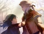  1boy 1girl asao_(vc) blonde_hair blurry blurry_background byleth_(fire_emblem) byleth_eisner_(female) closed_mouth commentary_request dagger expressionless fire_emblem fire_emblem:_three_houses floating_hair from_side jeritza_von_hrym long_hair low_ponytail standing upper_body violet_eyes weapon 