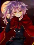 1girl ahoge arne_no_jikenbo belt blurry blurry_background cape commentary fang fingerless_gloves full_moon gloves highres kaitou_akazukin long_hair looking_at_viewer mizol moon night ponytail red_cape silver_hair skin_fang smile solo upper_body 