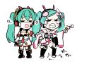  &gt;_&lt; 2girls afterimage aqua_hair black_legwear chibi clenched_teeth commentary coronavirus_pandemic crying detached_sleeves dress dual_persona frown furrowed_eyebrows goodsmile_racing hatsune_miku holding_another&#039;s_arm impact_wrench japanese_clothes lena_(zoal) long_hair mask mouth_mask multiple_girls outstretched_arm racing_miku racing_miku_(2020) shaking_head smiley_face stomping tears teeth thigh-highs twintails v-shaped_eyebrows vocaloid white_dress white_sleeves wide_sleeves 