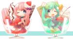  2girls aqua_eyes aqua_hair aqua_neckwear bare_shoulders belt black_dress black_legwear black_skirt black_sleeves blue_eyes blueberry cherry chibi chocolate_syrup commentary_request cream detached_sleeves dress food fruit glass grey_shirt hair_ornament hatsune_miku highres holding holding_food holding_fruit ice_cream leaf_hair_ornament long_hair looking_at_viewer macaron megurine_luka minigirl mint mochityoko multiple_girls necktie one_eye_closed open_mouth parfait pink_hair raspberry shirt shoulder_tattoo skirt sleeveless sleeveless_shirt smile strawberry sugar_cube tattoo thigh-highs twintails very_long_hair vocaloid wafer_stick waffle 