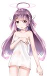  1girl ahoge artist_request blush covering hair_ornament halo holding holding_towel lavender_hair long_hair naked_towel nude_cover red_eyes solo towel virtual_youtuber winged_hair_ornament yumeno_shiori yumeno_shiori_channel 