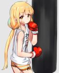  1girl absurdres bandaid bandaid_on_face bangs blonde_hair boxing boxing_gloves closed_mouth clothes_writing eyebrows_visible_through_hair futaba_anzu grey_background gyunre highres idolmaster idolmaster_cinderella_girls long_hair low_twintails shorts sidelocks simple_background solo striped striped_shorts tank_top twintails white_tank_top yellow_eyes 