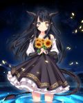  1girl absurdres bangs bare_shoulders black_hair closed_mouth collarbone commission dress eyebrows_visible_through_hair flower grey_eyes heterochromia highres holding holding_flower horns long_hair looking_at_viewer monster_girl original partially_submerged petals scales sky slit_pupils solo standing star_(sky) starry_sky sunflower tail water yaya_chan yellow_eyes 
