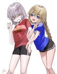  2girls alternate_costume anger_vein arts_shirt bangs bebe_pp black_shorts blonde_hair blue_shirt blush braid breasts buster_shirt commentary_request eyebrows_visible_through_hair fate/grand_order fate_(series) highres jeanne_d&#039;arc_(alter)_(fate) jeanne_d&#039;arc_(fate) jeanne_d&#039;arc_(fate)_(all) large_breasts long_hair looking_at_viewer medium_breasts multiple_girls open_mouth red_shirt shirt short_hair short_sleeves shorts silver_hair simple_background smile solo white_background yellow_eyes 