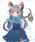  1girl alternate_hair_length alternate_hairstyle animal_ears basket blue_dress blush capelet clothing_request copyright_request dress earrings eyebrows_visible_through_hair flower gem grey_hair highres ibaraki_natou jewelry looking_at_viewer mouse mouse_ears mouse_girl mouse_tail nazrin open_mouth orange_eyes ring simple_background tagme tail touhou white_background 