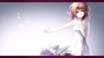  1girl 2018 bangs blurry brown_hair closed_mouth dated dress eyebrows_visible_through_hair frilled_dress frills grey_background hair_between_eyes highres jun_(sky_ia_127_snow) long_hair looking_at_viewer original outstretched_arm petals shiny shiny_hair signature sleeveless sleeveless_dress smile solo standing sundress twitter_username white_dress yellow_eyes 