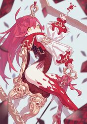  1girl absurdres armlet blood blurry blurry_background bow card chair closed_mouth crown frills heart high_heels highres holding holding_wand long_hair original picture_frame pink_bow puffy_sleeves redhead sitting smile solo tewo_(tewowet) wand yellow_eyes 