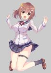  1girl :d bangs black_legwear black_ribbon black_sailor_collar black_skirt blush brown_eyes brown_footwear brown_hair buttons eyebrows_visible_through_hair full_body grey_background gungun_(hakutou7887) hair_ornament hair_ribbon hands_up highres knees_together_feet_apart loafers long_sleeves looking_at_viewer miniskirt neck_ribbon open_mouth orange_ribbon original pleated_skirt ponytail red_neckwear red_ribbon ribbon sailor_collar school_uniform shoes sidelocks simple_background skirt smile solo sparkle thigh_ribbon wing_collar 