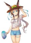  1girl amiya_(arknights) animal_ears arknights arm_up bare_shoulders blue_eyes blue_ribbon blue_shorts brown_hair choker cowboy_shot crop_top crop_top_overhang ears_through_headwear eyewear_on_headwear fan flower frilled_shirt frills grin hat hat_flower long_hair looking_at_viewer midriff multiple_rings off-shoulder_shirt off_shoulder plaid plaid_shirt ponytail rabbit_ears red_flower ribbon shirt short_shorts short_sleeves shorts simple_background smile solo stomach straw_hat sunglasses thigh_strap thighs white_background white_shirt yoruhachi 