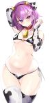  1girl absurdres animal_ears animal_print arm_behind_head arm_up armpits bangs bare_shoulders bell bell_collar bikini blush breasts bridal_gauntlets collar collarbone cow_bell cow_ears cow_horns cow_print detached_sleeves fate/grand_order fate_(series) hanasaki_houcha helena_blavatsky_(fate/grand_order) highres horns looking_at_viewer navel open_mouth purple_hair short_hair side-tie_bikini simple_background small_breasts sweat swimsuit thigh-highs thighs violet_eyes white_background 