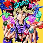  1boy apron blonde_hair bracelet collared_shirt commentary_request cropped dice holding_dice jewelry long_sleeves looking_at_viewer multicolored_hair mutou_yuugi purple_shirt shirt smile solo spiky_hair takahashi_kazuki upper_body violet_eyes yuu-gi-ou yuu-gi-ou_duel_monsters 